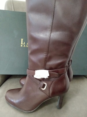 Ralph Lauren Dk Brown Burnished Calf Leather Becca Heels Wide