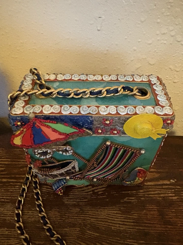 MARY FRANCES VINTAGE Playa Terapia Caja Monedero Bolso 6x6x2.5” Cuentas Usable Arte Foto 3 de 4