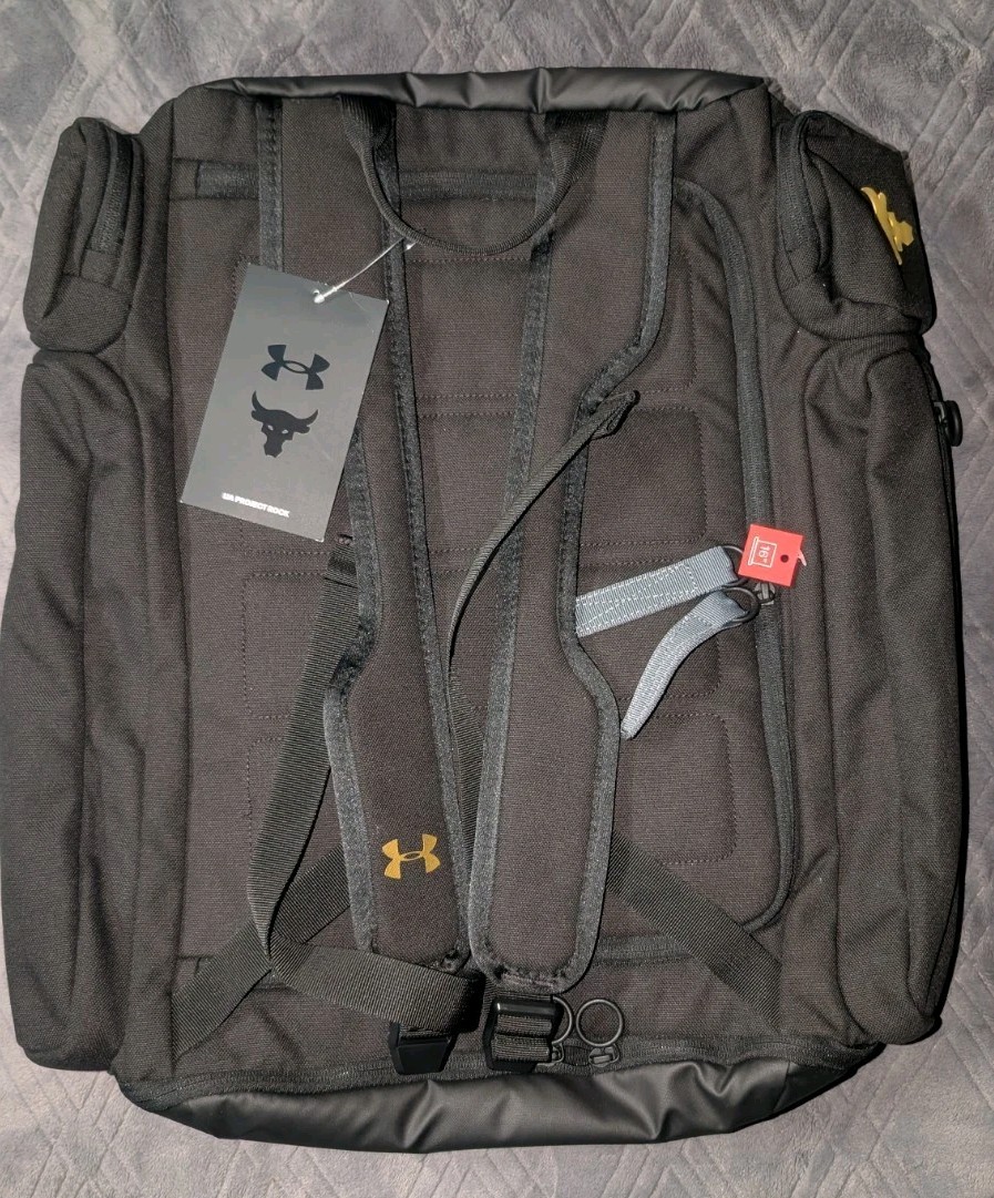UA Under Armour Project Rock Duffle Backpack Bag Black Gold Gym