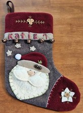 VINTAGE Wool Santa Face Christmas Stocking Handcrafted With Bells 17  Long