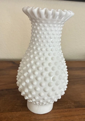 Vintage 7.5” Fenton Milk Glass Hobnail Hurricane Lamp Globe/2" Base-Orig Sticker