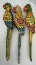 Parrots Wooden HandCarved HandPainted XL Vintage Set of 3 Figurine Weathered 22”