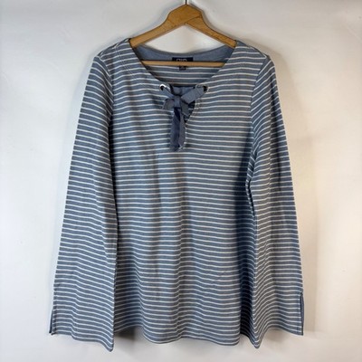 Chaps Striped Top Womens XL Blue White Grommet Tie Neck Long Sleeve Nautical