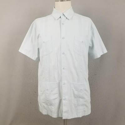 Cafe Luna Shirt Mens Large Light Blue Guayabera Short Sleeve Pintuck 4 Pocket