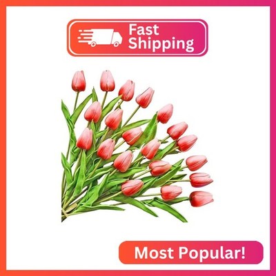 ONLY ART Artificial Coral Tulips 20 Pcs   13.5 Inch PU Faux Flowers with Bendabl
