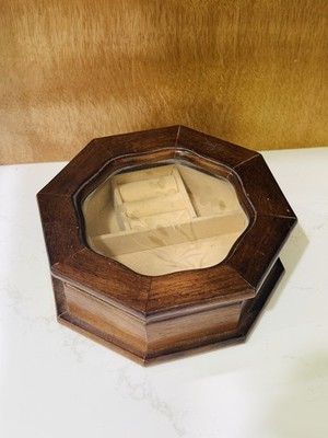 Vintage Octagonal Wood Jewelry Box - Floral Etched Glass - Beige Velvet Lining