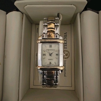 Vecceli Italy Quartz Rectangle Wristwatch Silver Gold Roman Numerals Analog