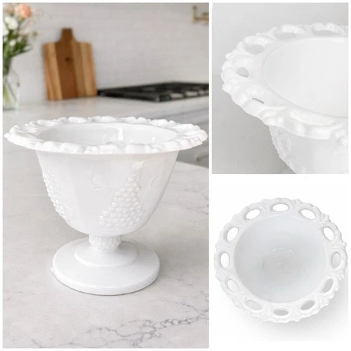 Vintage Lace Edge Indiana Glass Pedestal Candy Dish, Harvest Grape, Milk Glass