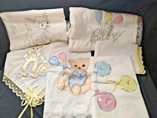 5 Lot Vintage Embroidered Handmade Baby Bassinet Crib Sheets, Pillow Cases Lamb