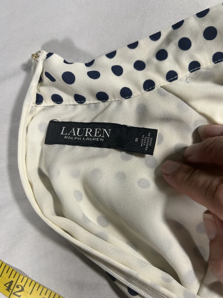 Vestido Georgette Lauren Ralph Lauren Lunares Cuello Atado Mujer Talla 8 Azul Marfil Foto 3 de 4
