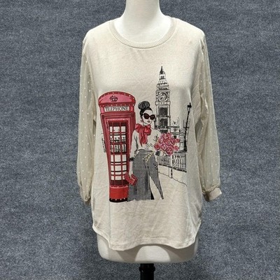 Kiss & Fly Shirt Womens XL Beige London Phone Booth Big Ben Sheer Sleeves