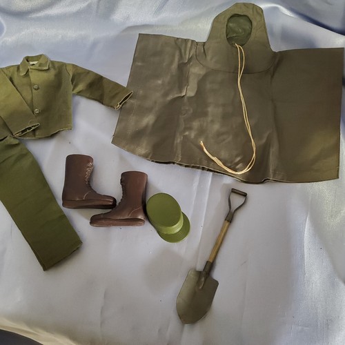 GI JOE Hasbro Green Army Shirt Pants, Cap. Boots, Poncho, & Shovel