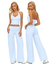 2 Piece Workout Sets for Halter Open Back Crop Tank Tops Matching High Waist ...