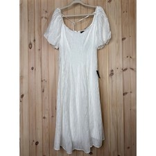 NWT Lulus Heavenly Energy White Textured Puff Sleeve Pleated Midi Dress Size M 