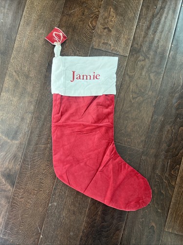New Pottery Barn Classic Medium Red Ivory Velvet Christmas Stocking Mono Jamie