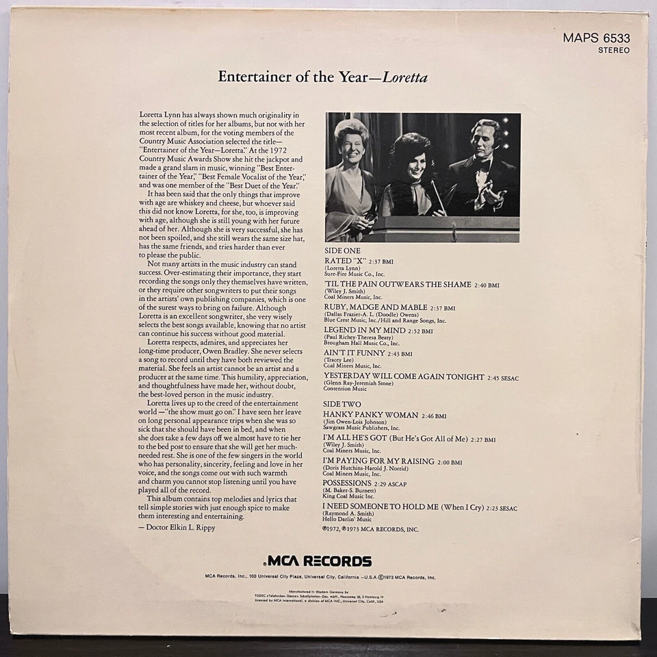 LORETTA LYNN - Entertainer Of The Year (Germany Press) 12" Vinyl Record LP - VG+ Foto 2 de 3