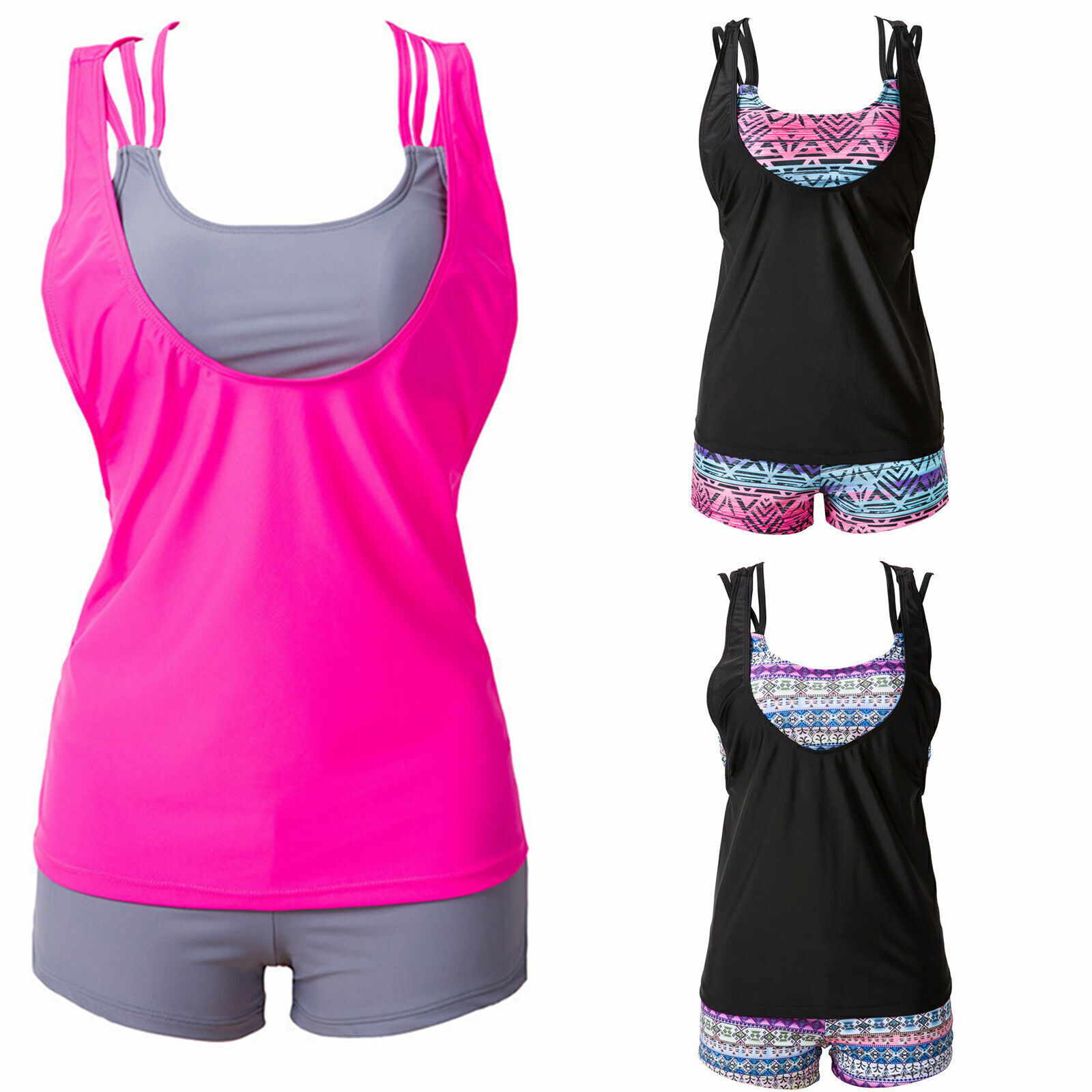 Ladies Sporty Tankini Set Boy Shorts Swimsuit Women's Swimwear Swimming