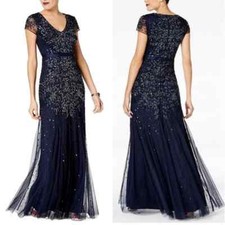 Adrianna Papell Midnight Blue Sequin Beaded Cap Sleeve V-Neck Formal Gown 