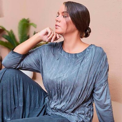 ZEDD PLUS Shirt Tunika blau Wash-out Look 44 46 (3) mit Kette