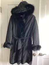 Belle Fare Black Full Real Rabbit Lined, Fox Trim, Hood, Belted Coat, Sz L