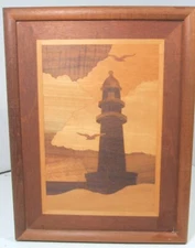 Vintage Lighthouse Wood Inlay Marquetry Gull Sault St Marie MI 10 x 13 US