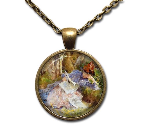 Larsson's Lady Reading a Newspaper - Handmade Round Glass Pendant Necklaces - Picture 10 of 10