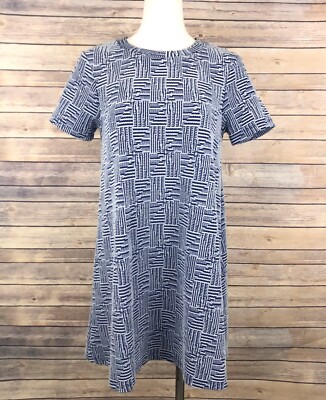 ZARA Pullover Textured T-Shirt Dress L Blue White Abstract Short Sleeve  Casual