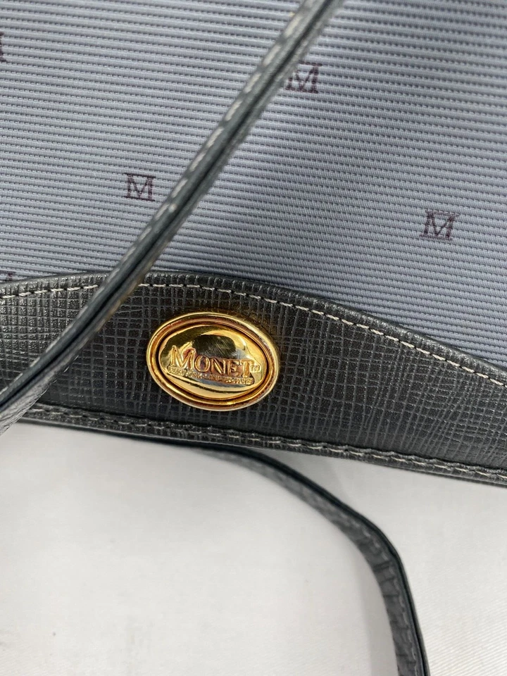 Bolso Bandolera De Colección Monet NY Londres París Recubierto Azul Lona Cuero Solapa Hombro Foto 2 de 4