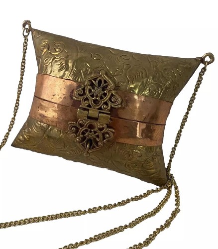 Vintage Brass Copper Shell Pillow Purse Shoulder Bag Mini 30s 40s - Imagen 2 de 13