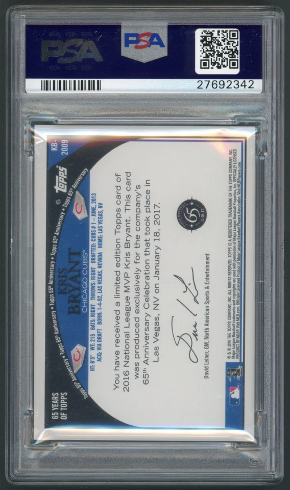2016 Topps Transcendent Kris Bryant PSA 10 GEM MINT 65th Anniversary Party 58/65 - Image 2 of 2