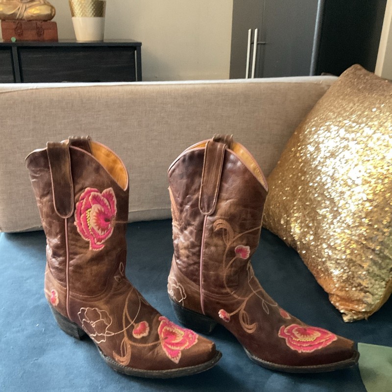 Brown Leather Western Cowboy Boots Pink Floral Embroidery Pull-On