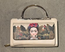 Beige Frida Kahlo Purse With Floral Print And Rounded Gold Tone Handles