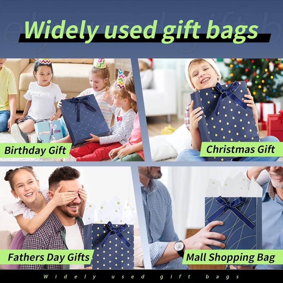 Pacote com 6 sacos de presente de papel azul marinho 9" médio com alças papel de tecido estrela dourada f - Imagem 4 de 4