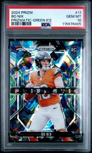 2024 Prizm - Bo Nix - Prizmatic Green Ice Prizm Rookie Card - Broncos PSA 10