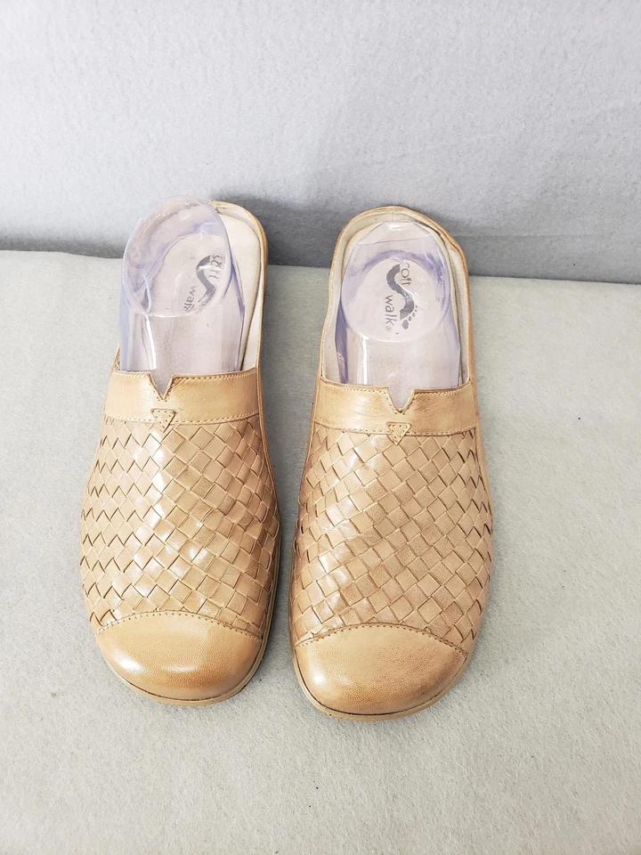 Sandalias SoftWalk Mujer 11W Marrón Tejido Cuero Cómodas Sin Cordones Zapatos Planos Mula Foto 3 de 4