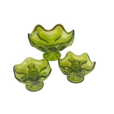 Vtg Viking Glass Green Six Petal Compote Pedestal Bowl & Candlestick Holder Set