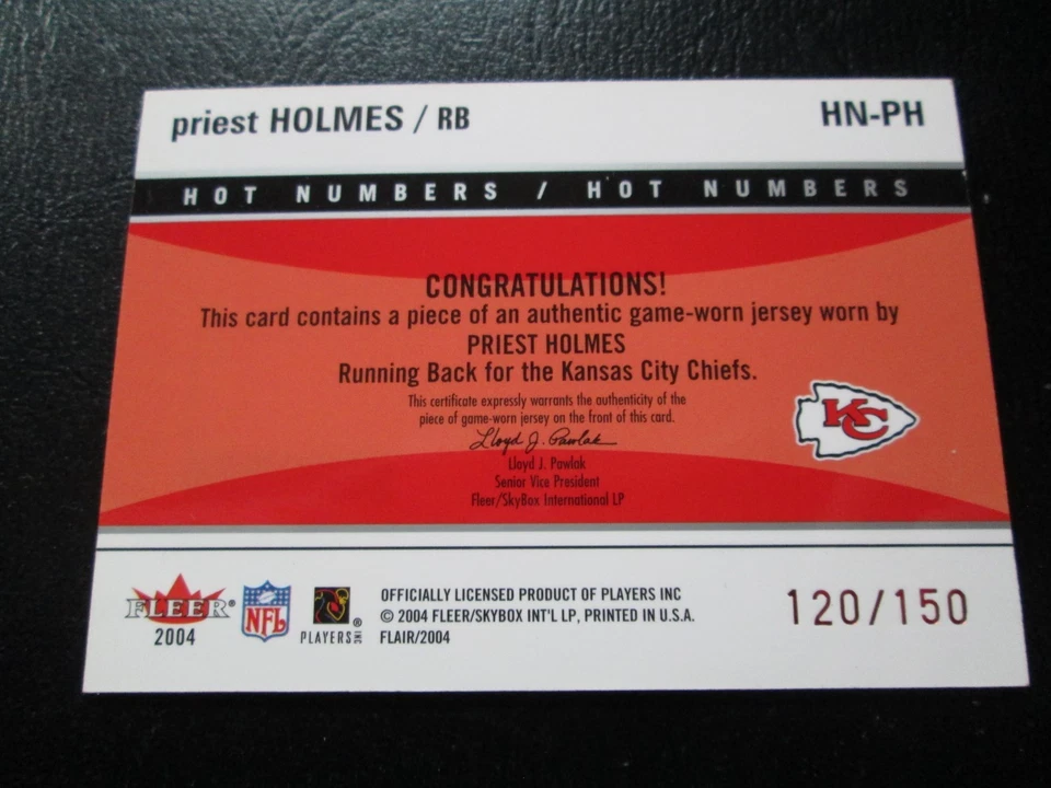 PRIEST HOLMES 2004 FLAIR HOT NUMBERS AUTHENTIC GAME WORN JERSEY CARD #120/150 - Image 3 of 4
