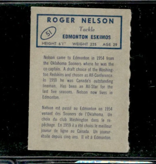 1962 Topps CFL FOOTBALL SET BREAK #51 Roger Nelson POOR - Image 2 of 2