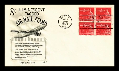 DR JIM STAMPS US COVER LUMINESCENT TAGGED 8C AIR MAIL FDC BLOCK FLEETWOOD