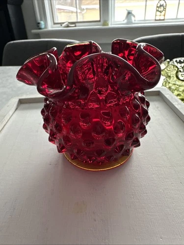 Vintage Fenton Dark Ruby Red Hobnail Ruffled Vase 3 Inch tall, Fenton stamp