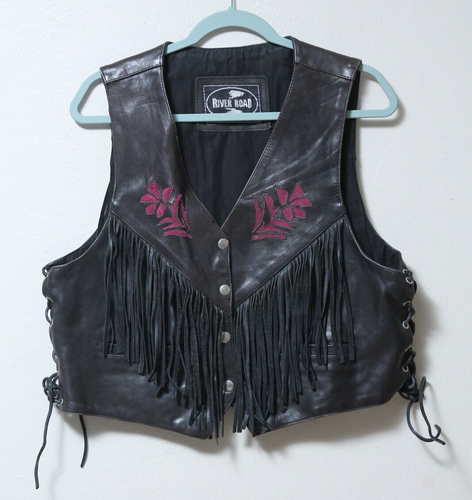 Pre-Owned River Road Black Leather Vest Side Ties/Red Flowers Size Med/Lg
