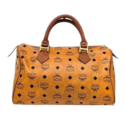 MCM Mini Boston Bag in Visetos Camel All-Over Print Hand Excellent - Picture 5 of 10