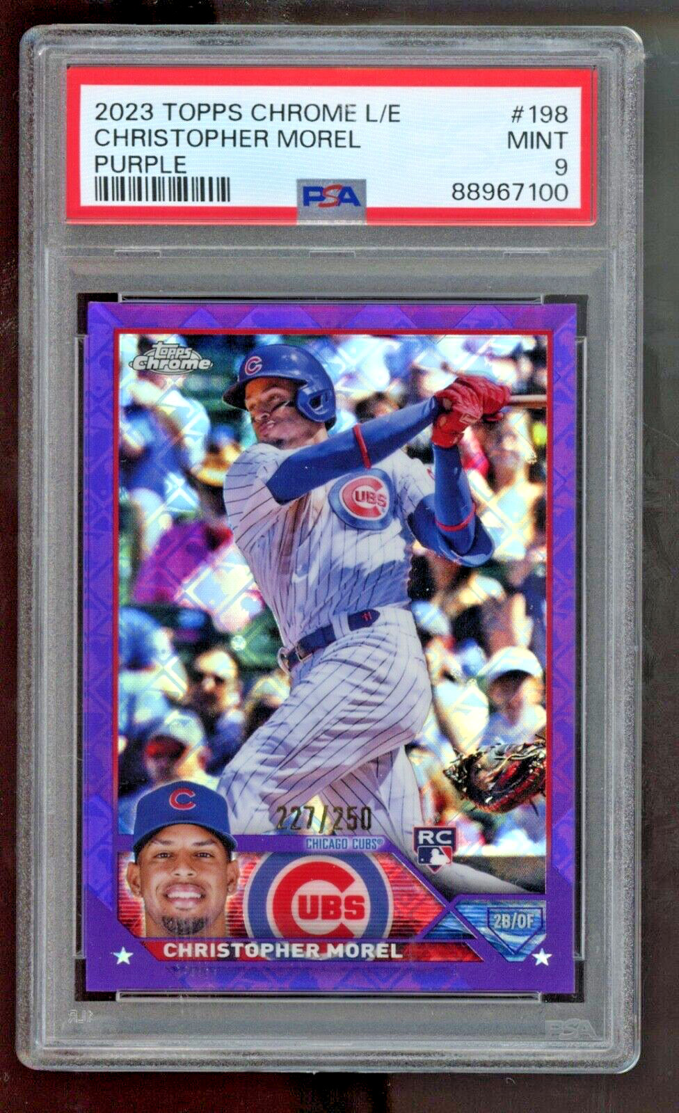 CHRISTOPHER MOREL 2023 TOPPS CHROME LOGOFRACTOR PURPLE RC /250 PSA 9 MINT