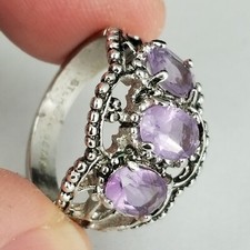 Sterling Silver Amethyst 3 gemstone ladies ring band .925 size 8 BEAUTIFUL