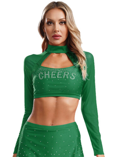 Women Cheer Uniform Tops Night Club Crop Top Rhinestone Cheerleader Costume - Picture 18 of 87
