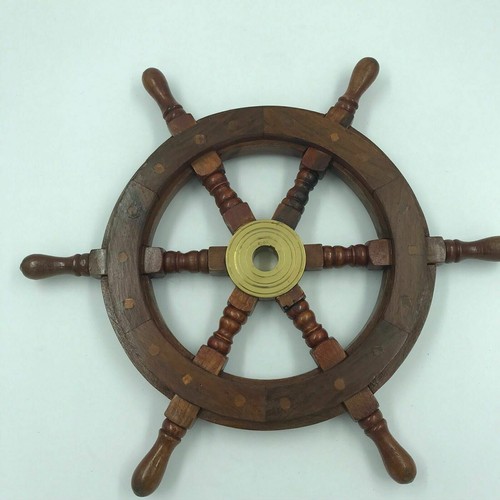 Nautical 12" Wood Brass Ship Steering Wheel Pirate Fishing Wall Boat Decorative - 第 1/6 張圖片