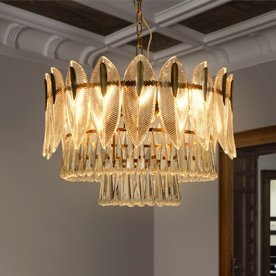 24'' Modern Crystal Chandelier Glass Leaves 9 Lights Gold Pendant Light Fixtures