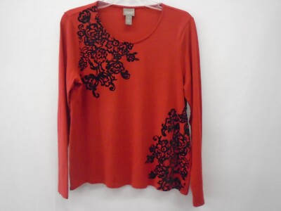 CHICO'S RED TOP w/BLACK FLOWER APPLIQUE LONG SLEEVE SCOOP NECK SIZE 1