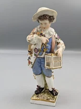1900s Antique German KPM Berlin Scepter Mark Boy W Bird Porcelain Figurine 6"