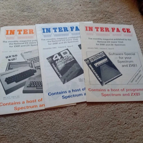 ZX 80 , ZX 81 , Spectrum User Club magazines “INTERFACE” Vol 3 Issues 3,4 and 5